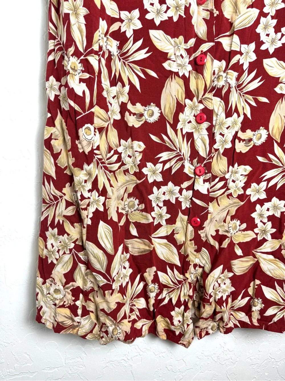 Sag Harbor Vintage Maroon Leaf Floral Button Front Midi Skirt